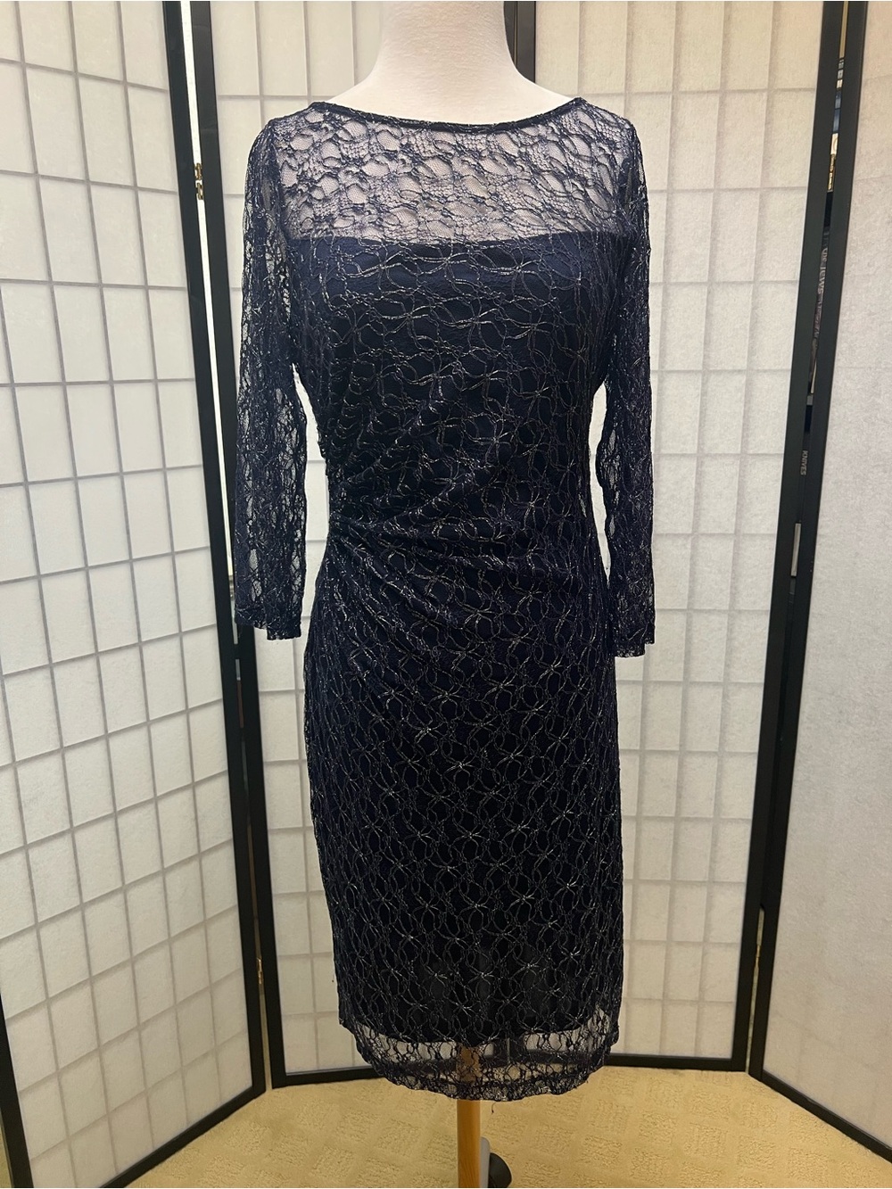 David Meister Navy Lace Long-Sleeve Sheath Dress